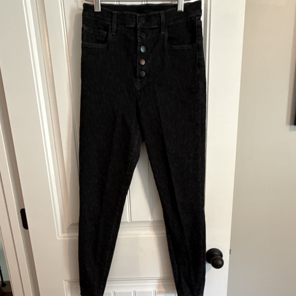 J Brand Womens Black Gray Leopard Print Skinny Jeans Button Fly Denim 27'